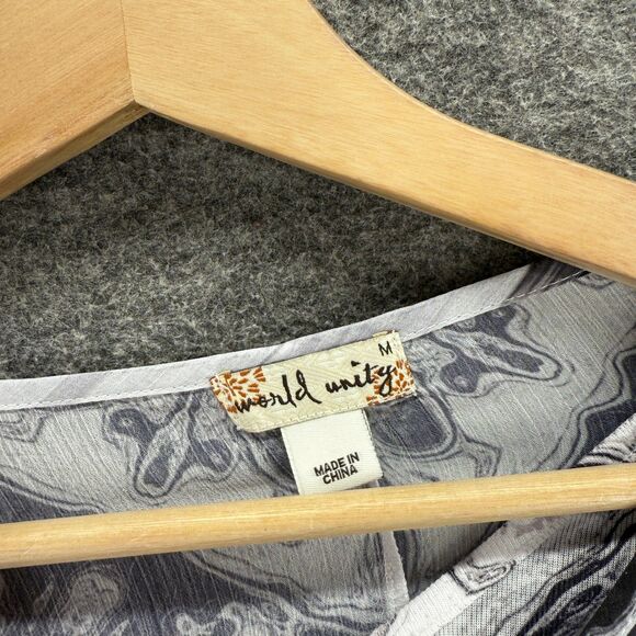 World Unity Blouse Women M Medium Black Geometric 3/4 Sleeve Round Neck Lined - Picture 7 of 9